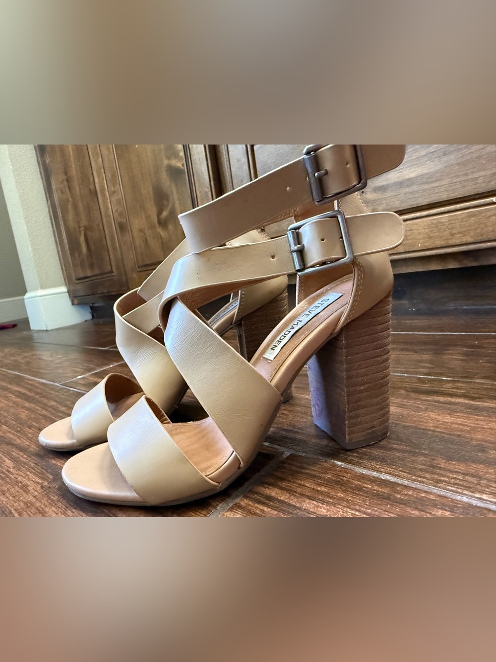 Steve Madden Beige/Tan Cross-Strap Block Heel Sandals